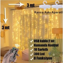 Yasima 300 Ledli 10 Sarkıtlı Uzaktan Kumandalı 8 Fonk Sarı Perde LED 3X3M Askı Aparatlı USB Girişli