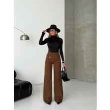 Herton Kadın Asimetrik Çapraz Bel Detaylı Wide Leg Jean Pantolon