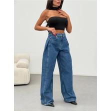 Herton Kadın Mavi Asimetrik Detaylı Geniş Paça %100 Pamuk Jean Pantolon