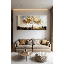 Şehber Yatay Tekli Kanvas Duvar Tablosu Modern Salon Mutfak Yatak Odası Ofis 3D Altın Efekt Ağaç