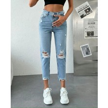 Herton Kadın  Dizleri Yırtık %100 Pamuk Jean Pantolon - Paçası Kesik Mom Fit Denim