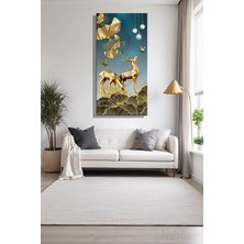 Şehber Panoramik Dikey Kanvas Duvar Tablosu Tekli Salon Mutfak Yatak Odası Ofis Altın Geyikler