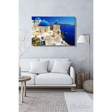 Şehber Kanvas Duvar Tablosu Yatay Tekli Salon Mutfak Yatak Odası Ofis Santorini Adası Mavi Kubbeli Kilise