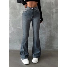 Herton Yüksek Bel Ispanyol Paça Jean Pantolon - Eskitme Detaylı Full Pamuklu Flare Denim