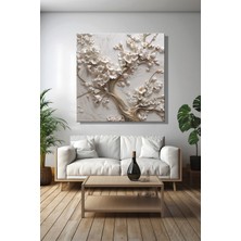 Şehber Kare Dekoratif 3D Efekt Beyaz Çiçekli Ağaç Kanvas Tablo Duvar Dekoru Salon Mutfak Yatak Odası Ofis