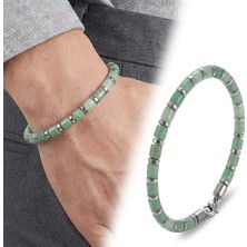 Fm 💎 Premium Yeşil Aventurin & Silver Hematit Taşlı Çelik Zincir Erkek Bileklik 31832B10D4M4 - 23 cm