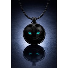 Metal Üzerine Siyah Kedi Gözlü Cam Kaplama Kolye