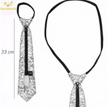 Flamex Gümüş Renk Pul Payetli Işıltılı Parti Kravatı 33 cm