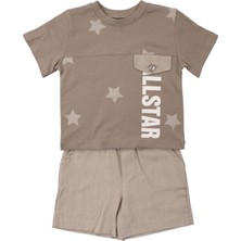 by BebekOdam Erkek Çocuk Kahve All Star Yazılı Yıldız Baskılı Cepli Şortlu 2'li Takım - 1016778