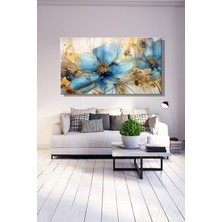 Şehber Panoramik Yatay Kanvas Duvar Tablosu Tekli Salon Mutfak Yatak Odası Ofis Soyut Mavi Çiçekler