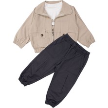 by BebekOdam Erkek Çocuk Ekru Kaplan Desenli Badili Bej Ceketli 3'lü Takım - 1016615