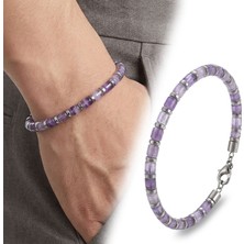 Fm 💎 Premium Ametist Taşı & Silver Hematit Taşlı Çelik Zincir Erkek Bileklik 31832B10D4M3 - 23 cm
