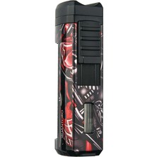 Quantoro Üç Torch Pürmüz Delicili Kırmızı Desenli Metal Puro Çakmağı