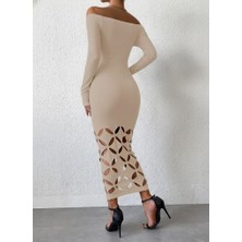 Gacha Kadın Madonna Yaka Uzun Kollu Lazer Çiçek Kesim Detaylı Uzun Ithal Krep Elbise