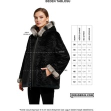 Deriderim Siyah Perla Geniş Kesim Içi Kumaş Çift Taraflı Kapüşon ve Kol Ağzı Kürklü Kadın Hakiki Deri Kaban