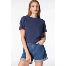 Denim Trip Bisiklet Yaka Lacivert Kadın T-Shirt DT10752