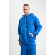 Meğdaix Unisex Double Oversize Kapşonlu Yıkamalı Sweatshirt - Mavi