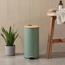 5Five Modern Yeşil Çöp Kutusu - Metal Pedallı, Bambu Kapak, 30 L