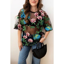 BRTC Design Kadın Siyah Full Nakış Islemeli Çiçekli Tül Bluz