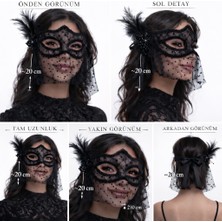 Decostyle Siyah Dantel Tüllü Peçeli Parti Maskesi - Tüylü Inci Detaylı