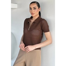 Gülseli Kadın Polo Yaka Yarım Fermuarlı Triko Bluz P-00020923