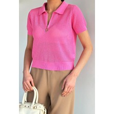 Gülseli Kadın Polo Yaka Yarım Fermuarlı Triko Bluz P-00020923
