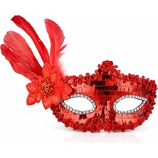 Decostyle Kırmızı Tüylü Payetli Lüks Taşlı Parti Maskesi