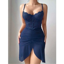 İkikareshop Kadın Mavi Transparan Dantel Detaylı Tül Fantezi Gecelik 2242