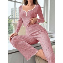 İkikareshop Kadın Çiçek Desenli Yumuşak Pamuklu Uzun Pijama Takımı 5132