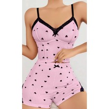 İkikareshop Kadın Pembe Kalp Desenli Askılı Şortlu Pijama Takım 5013