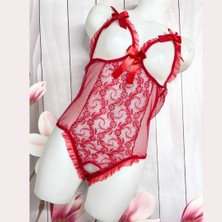 İkikareshop Bacio Fantezi Özel Ağları Açık Kırmızı Fiyonklu Gecelik Iç Giyim BC9701
