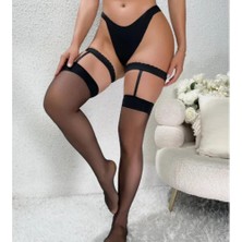 İkikareshop Kadın Siyah Dantel Bacak Bantlı String Jartiyer Çorap Takımı BC0046