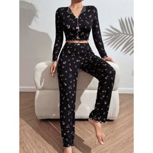 İkikareshop Kadın Çiçek ve Fiyonk Desenli Yumuşak Pamuklu Uzun Pijama Takımı 5134