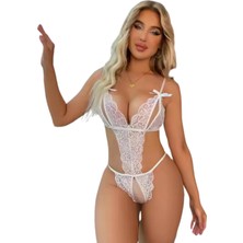 İkikareshop Fantezi Büyük Beden Beyaz Dantelli Babydoll BC9248