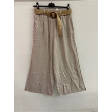 Della Moor Bej Kadın Italyan Geniş Kalıp Çizgi Desenli Kemerli Likralı Pantolon 40 - 50 Beden