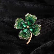 Fm Işıltılı Zümrüt Yeşili Dört Yapraklı Yonca Broş - Şansın Zarafeti