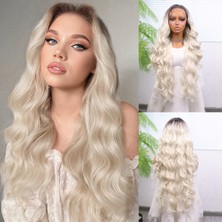 Decostyle Kumral Beyaz Platin Ombreli Ekstra Uzun Fiber Sen Dalgalı Tül Peruk