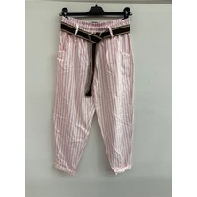 Della Moor Pembe Kadın Italyan Geniş Kalıp Çizgi Desenli Kemerli Likralı Pantolon 40 - 50 Beden