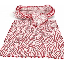 Abt Babynest Anne Yanı Bebek Yatağı Seti %100 Pamuk Kırmızı Ponponlu Yatak Pike Battaniye ve Kalp Yastık