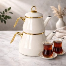Emaye 3 Parça Paslanmaz Çelik Emaye Çaydanlık - Krem