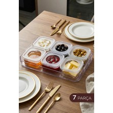 Vienev 7 Parça Şeffaf Kahvaltı Seti | 6 Adet Kapaklı Saklama Kabı ve Dikdörtgen Sunum Tepsisi