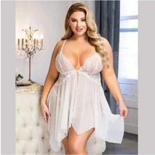 Nuitamore Ekru 'Big Size" Dantel ve Tül Kumaşlı Kadın Gecelik 2XL Büyük Beden Şıklığı