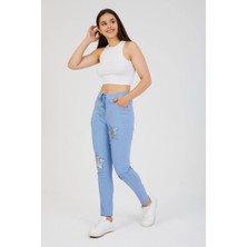 Della Moor Mavi Kadın Italyan Yıldız Desenli Pul Payetli Likralı Pantolon