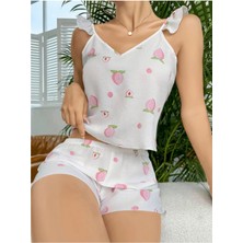 Nuitamore Şeftali Desenli Dabıl Kumaş Şortlu Kadın Pijama Takımı – Askılı –