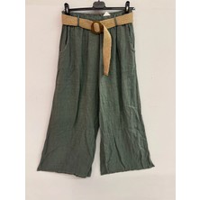 Della Moor Haki Kadın Italyan Beli Lastikli Kemerli Bol Paça Keten Pantolon