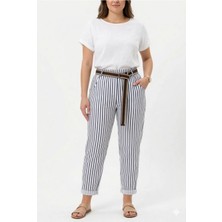 Della Moor Lacivert Kadın Italyan Geniş Kalıp Çizgi Desenli Kemerli Likralı Pantolon 40 - 50 Beden