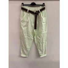 Della Moor Mint Kadın Italyan Geniş Kalıp Çizgi Desenli Kemerli Likralı Pantolon 40 - 50 Beden