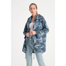 Della Moor Mavi Kadın Italyan Sırtı Payetli Kapüşonlu Ceket