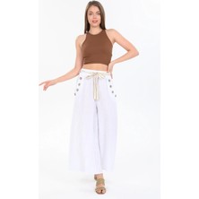 Della Moor Beyaz Kadın Italyan Cebi Düğmeli Ip Kemerli Bol Paça Keten Pantolon