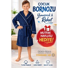Layvera Çocuk Bornoz | %100 Pamuklu-Lacivert-Yumuşak Doku-Kapüşonlu-Cepli-Biyeli